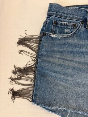 Blue Revival Denim Shorts with Side Fringe - Blue